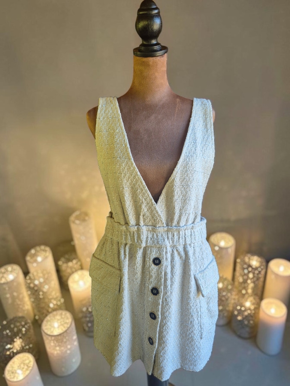 Women's Sleeveless Tweed Mini Dress Metallic V Neck